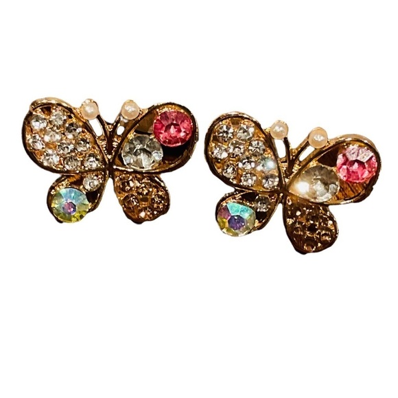Woman's Girls Rhinestone & Faux Pearl Butterfly Design Gold Tone Earrings - Picture 9 of 10